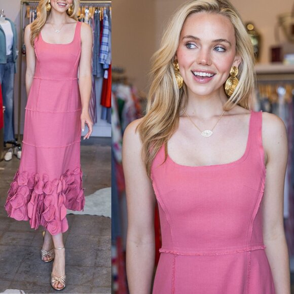 Alexis Demina Rose Pink Rosette Midi Dress Size XXS Raw Edge Floral Sleeveless - Picture 3 of 15